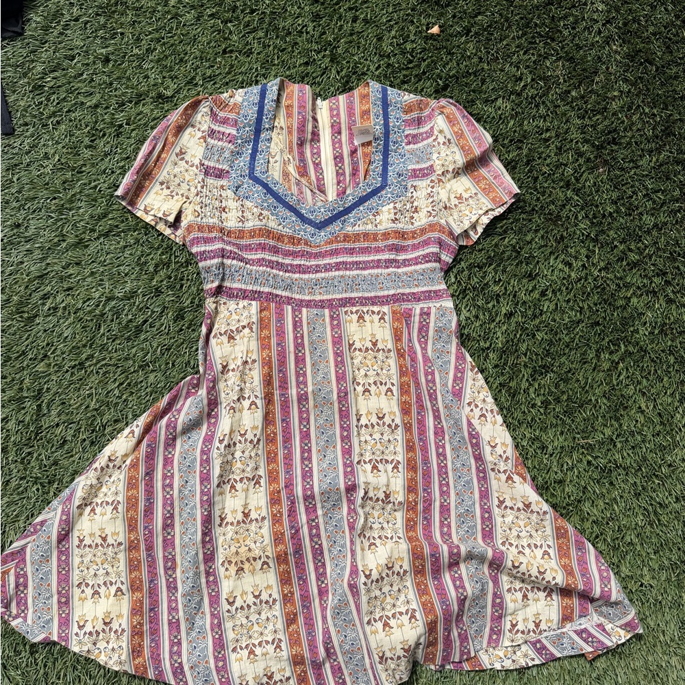 Spell Boho Mini Dress in Cream, Pink, Blue, and Brown